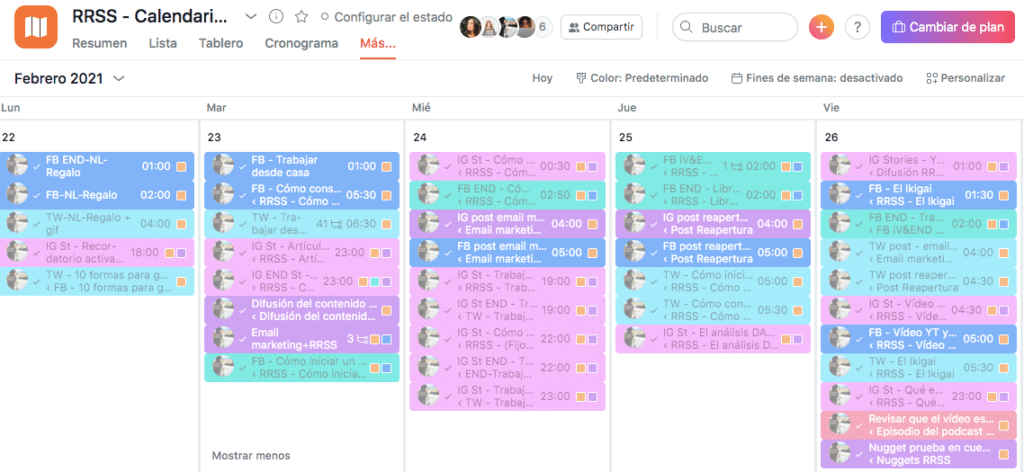 Ejemplos de calendario de Asana 